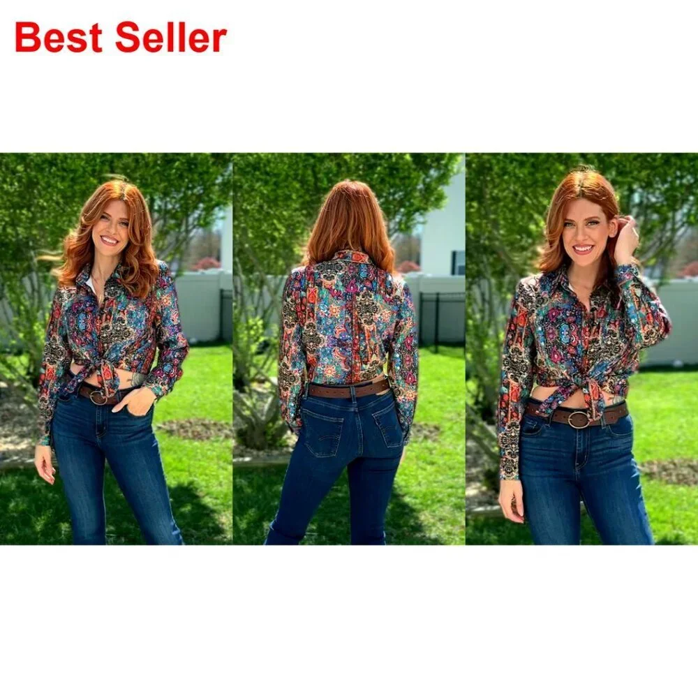 Floral Printed Button Down Shirt Long Sleeve Blouse with Pocket Business Casual